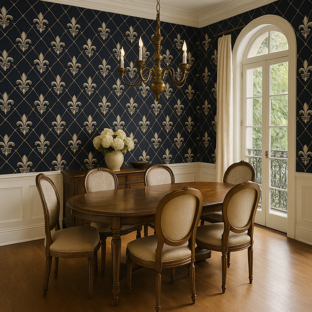 Tapestry Hall wallpaper in navy blue with a fleur-de-lis pattern, seen in a dining room.
