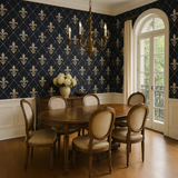 Tapestry Hall wallpaper in navy blue with a fleur-de-lis pattern, seen in a dining room.
