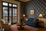 Fleur-de-lis patterned wallpaper with gold accents, over blue backdrop, features artwork in a traditionally styled room.
