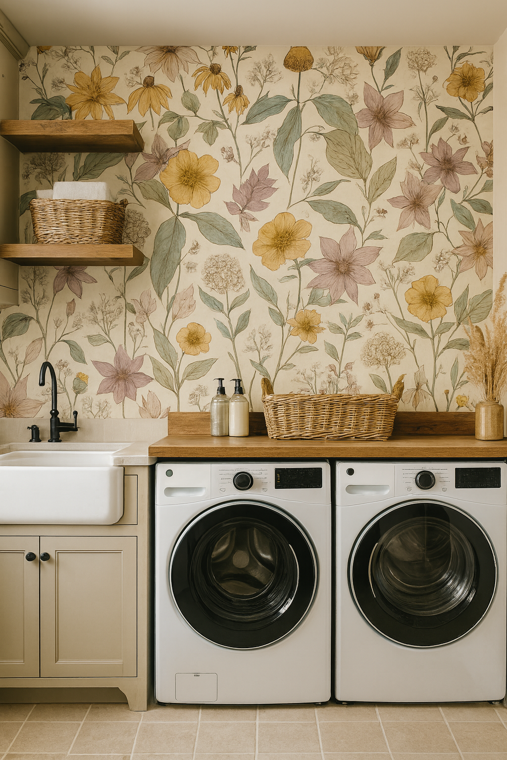Floral wallpaper with wildflower pattern on a beige background, featuring yellow and mauve flowers.