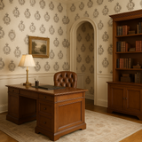 Patterned wallpaper from Monogram Manor with a gray heraldic crest design on a cream background.