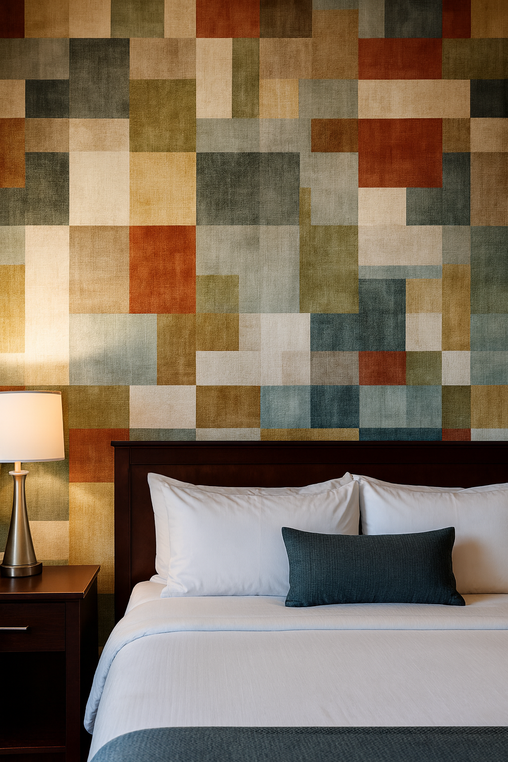 Appalachian Patchwork Wallpaper with blocks of green, brown, orange and beige textures.