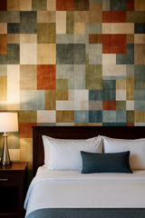 Appalachian Patchwork Wallpaper with blocks of green, brown, orange and beige textures.