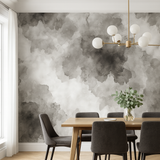 Mistform Rorschach wallpaper in gray watercolor pattern, covering a dining room wall.
