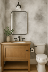 Mistform Rorschach wallpaper with a cloud-like gray pattern, providing a textured backdrop for a bathroom setting.
