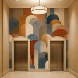 Archescape Wallpaper with arch pattern, in blue, beige, and orange tones.