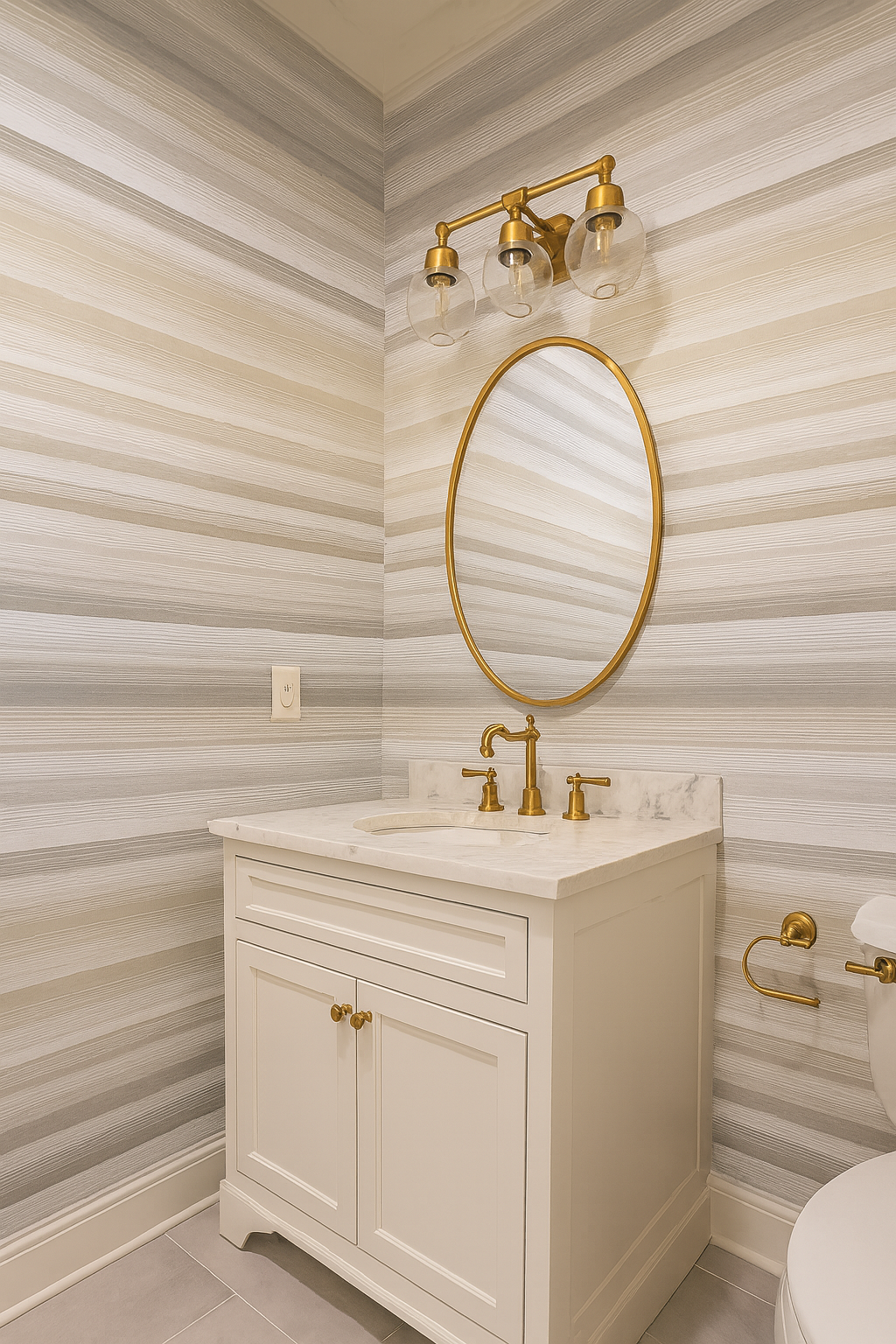 Feather Fade Stripes Wallpaper with horizontal banded pattern in gray, beige, and white.
