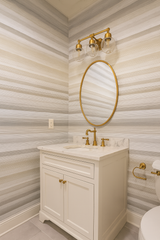 Feather Fade Stripes Wallpaper with horizontal banded pattern in gray, beige, and white.
