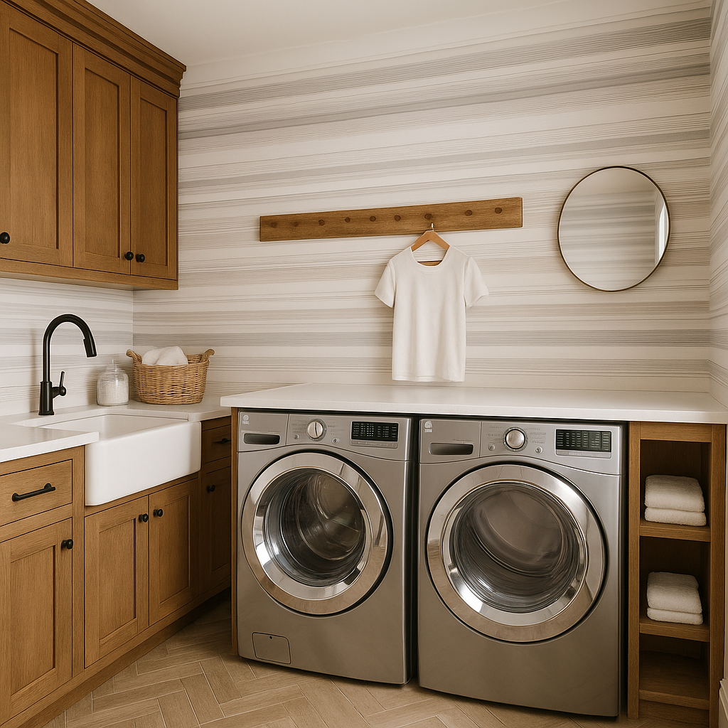 Feather fade stripes wallpaper with horizontal stripe pattern, above laundry machines and cabinets.