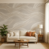 Dune Currents wallpaper with wavy pattern on wall, neutral interior setting.