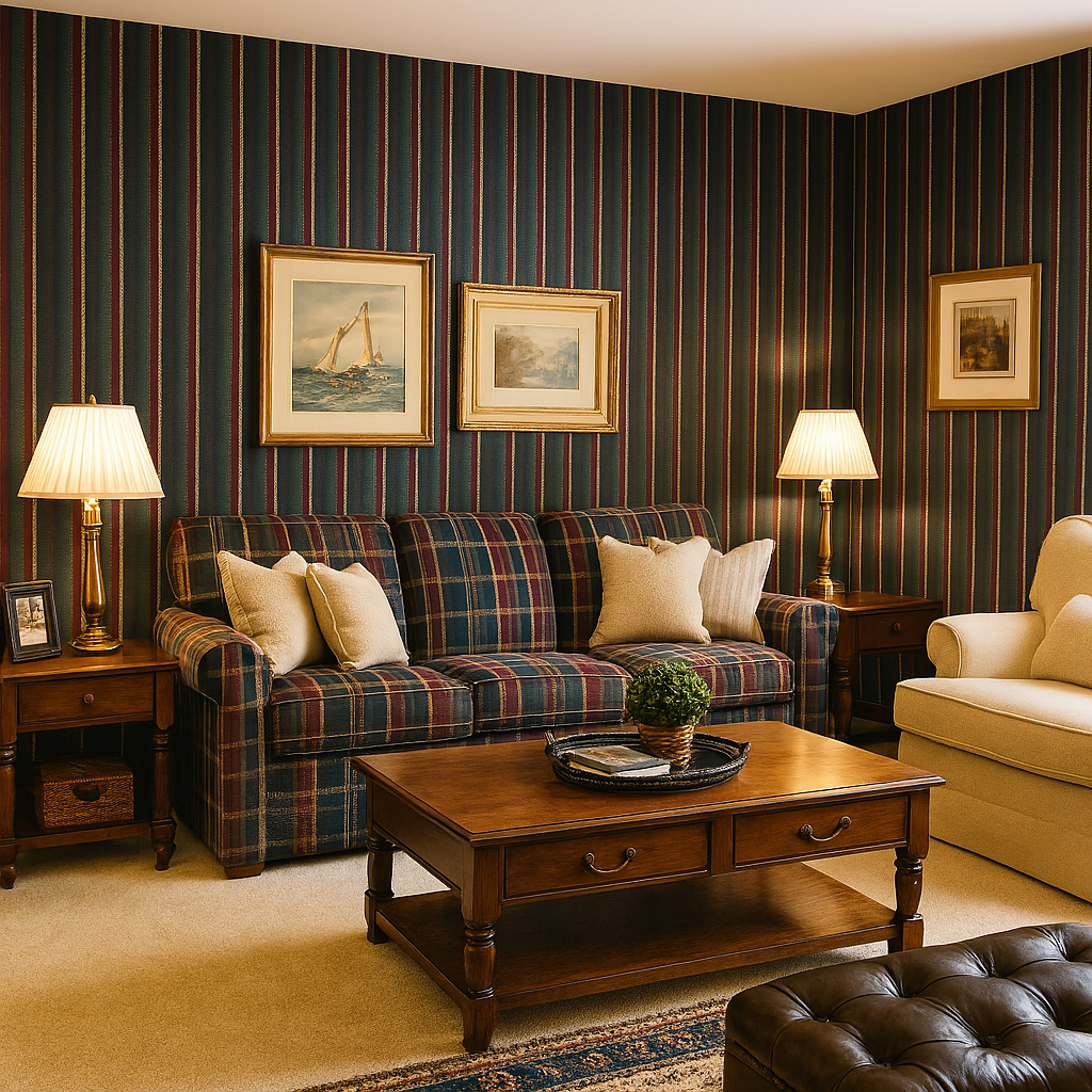 Striped wallpaper with red and green stripes, equestrian style, covering an entire room.