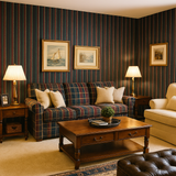 Striped wallpaper with red and green stripes, equestrian style, covering an entire room.
