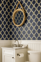Nautical heritage wallpaper with anchor and rope grid pattern on dark blue background.