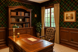 Hunter’s Tartan wallpaper with green and brown plaid pattern covering the walls of a wood-paneled study.
