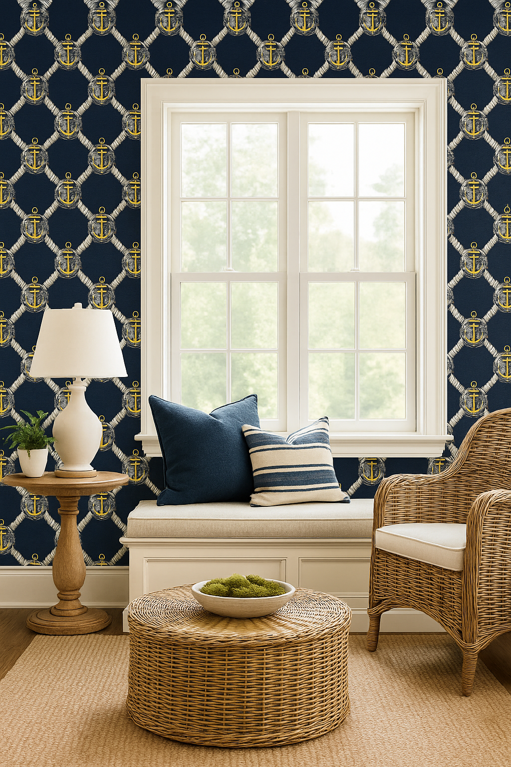 Nautical heritage wallpaper with an anchor pattern on a dark blue background.