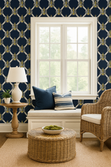 Nautical heritage wallpaper with an anchor pattern on a dark blue background.