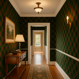 Green and red Hunter’s Tartan Wallpaper with a diamond pattern in an elegant hallway setting.
