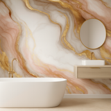 White drift marble wallpaper with gold veining, displaying a modern bathroom interior.