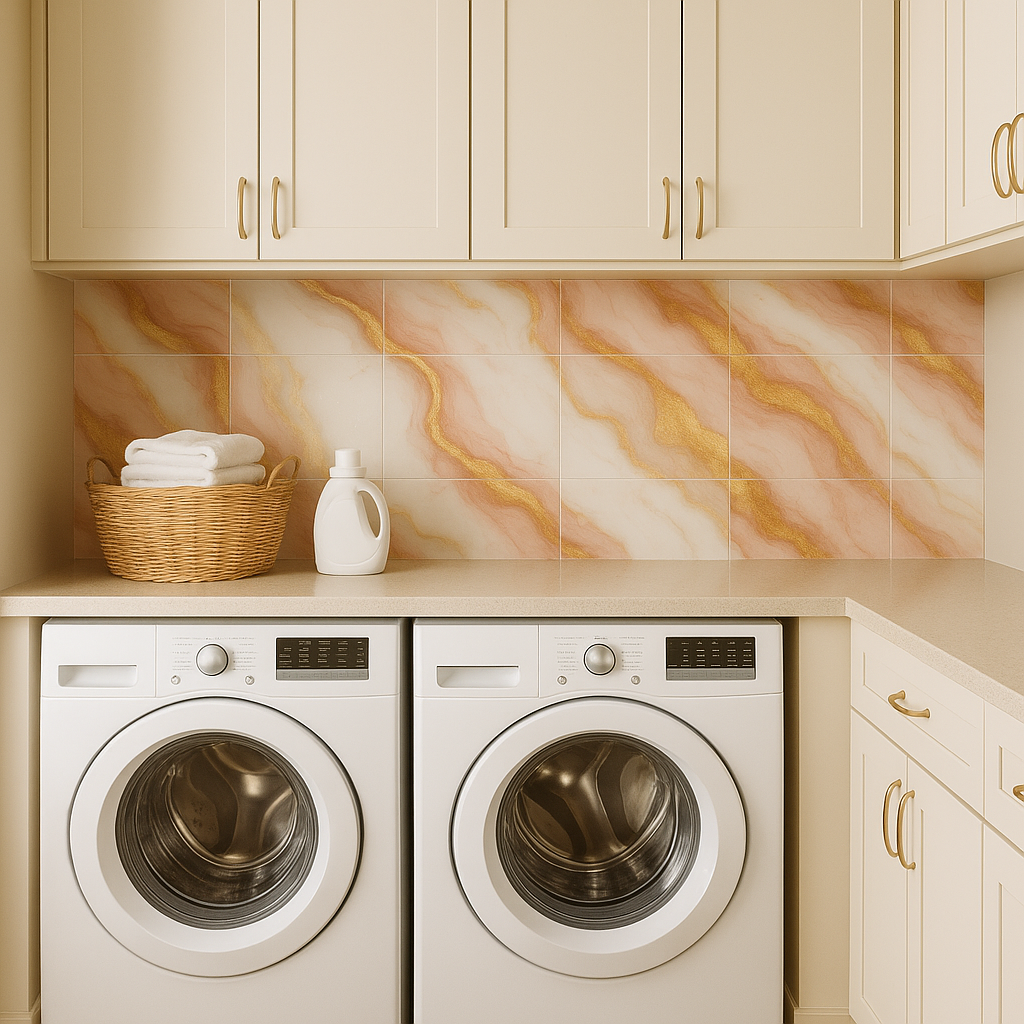 Marble patterned wallpaper in white drift style with pink and gold veining.