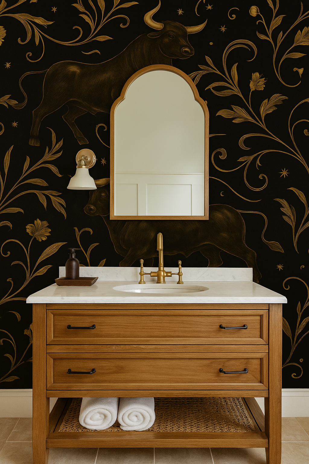 Gilded Taurus wallpaper with black background and gold floral and bull pattern.