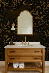 Gilded Taurus wallpaper with black background and gold floral and bull pattern.