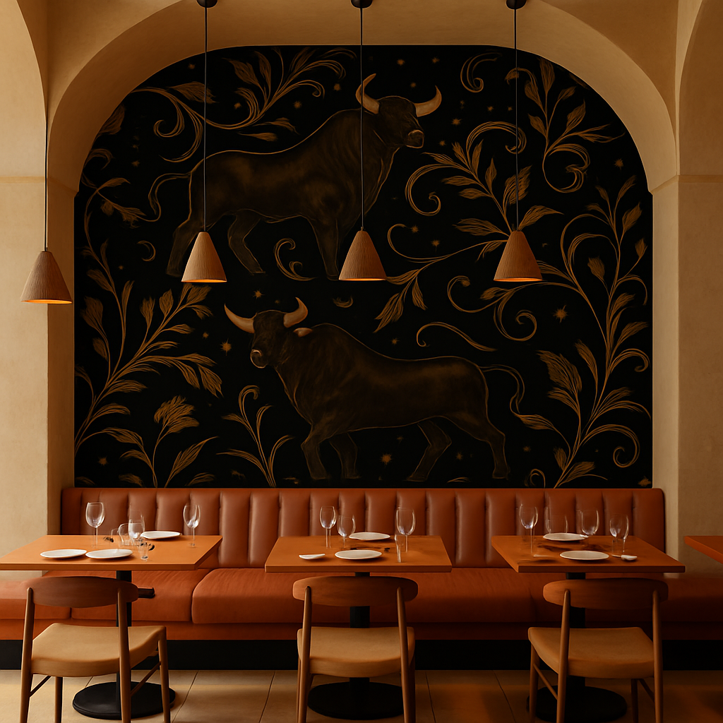 Gilded Taurus Wallpaper with bull illustrations and leaf scroll details on black.
