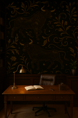 Gilded Taurus wallpaper with bull and floral pattern against a dark background.
