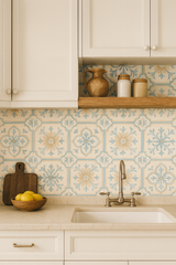 Vintage Provence tile wallpaper with floral design, featuring blue and yellow patterns.
