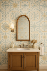 Vintage Provence Tile Wallpaper with floral and geometric patterns in blue and beige.
