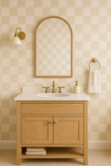 Beige and white checkered wallpaper with squares, no brand attribution, visible on a bathroom wall.