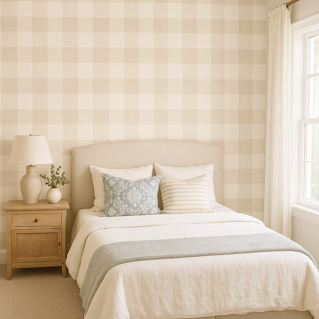Beige check wallpaper by Seabrook Wallcoverings, covering the wall in a bedroom setting.
