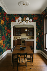 Eden Menagerie Wallpaper featuring floral and bird patterns, displayed on the walls of a dining room.
