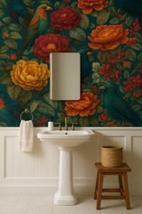 Floral wallpaper with bird pattern, featuring vibrant colors on teal background.
