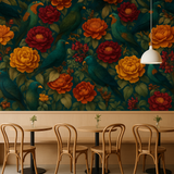 Eden Menagerie Wallpaper with flowers and birds pattern on a dark background.