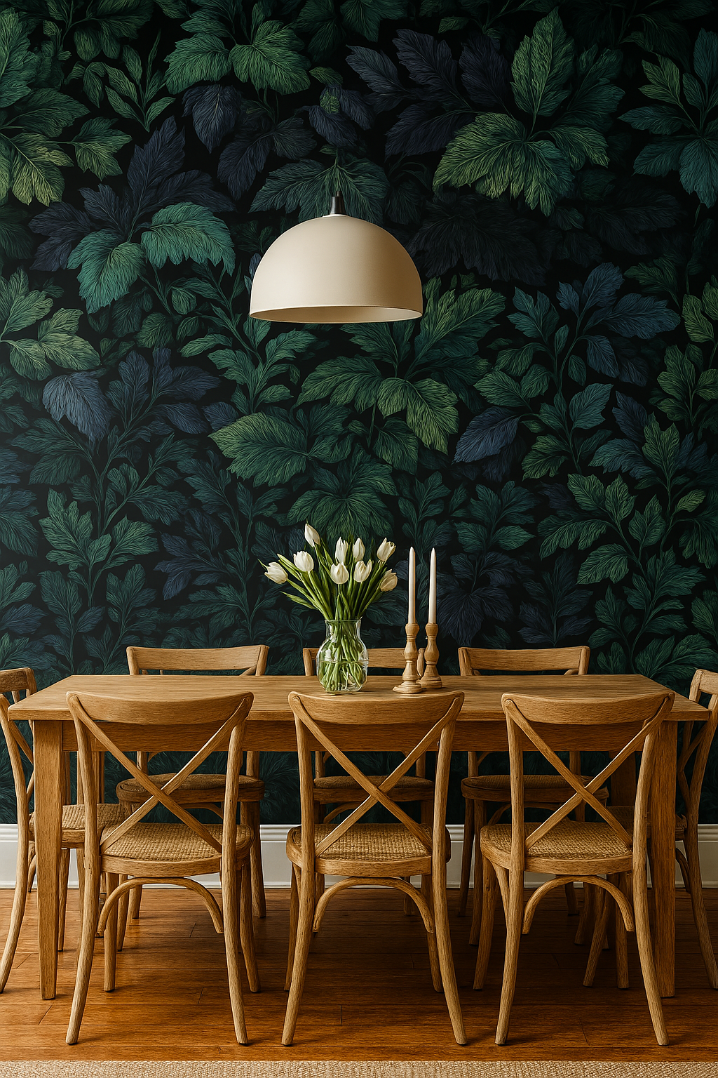 Green and blue Inkleaf Canopy Wallpaper with a dark floral leaf pattern.
