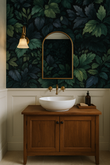 Inkleaf Canopy Wallpaper with leafy foliage pattern in shades of green, blue, and black.
