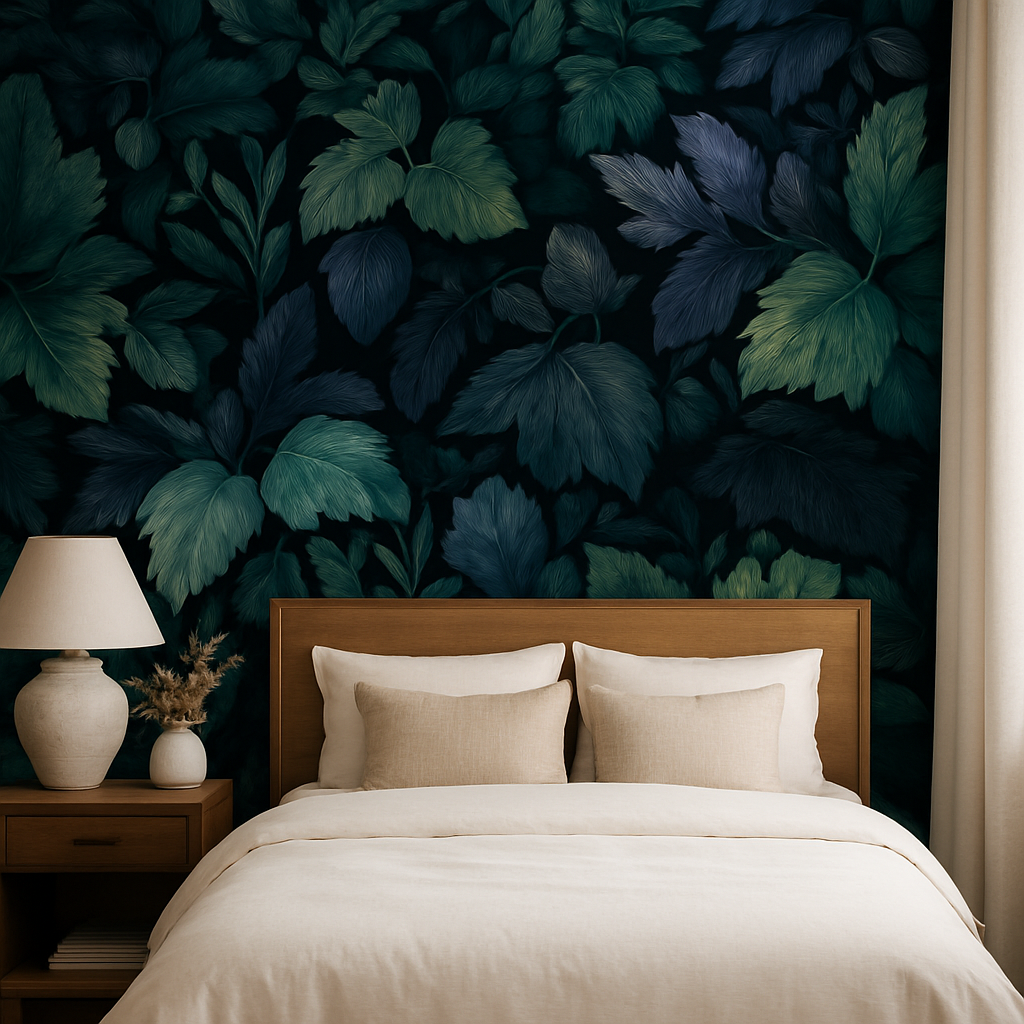 Inkleaf Canopy Wallpaper with leaf pattern on dark green background.
