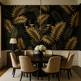 Palmetto Noir Wallpaper featuring golden palm leaf patterns on a black backdrop.