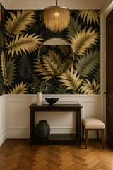 Palm-leaf pattern wallpaper with gold and green fronds on a black background, covering the upper half of the wall.