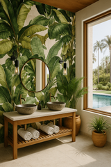 Havana Canopy Wallpaper with tropical leaf pattern, displayed on a bathroom wall.
