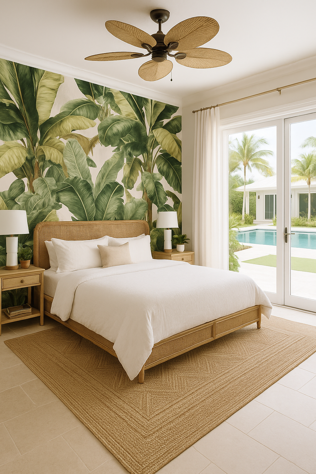 Tropical leaf pattern Havana Canopy Wallpaper featuring green banana leaf design.