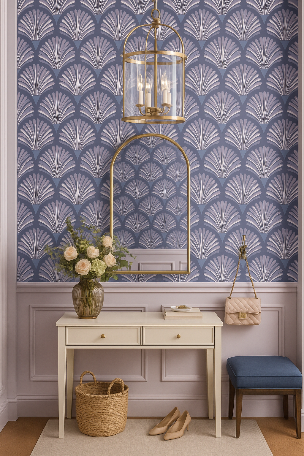 Shellscape wallpaper with a seashell pattern, in tones of blue and white.