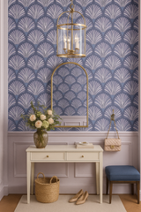 Shellscape wallpaper with a seashell pattern, in tones of blue and white.