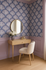 Shellscape wallpaper with a blue and white fan pattern.