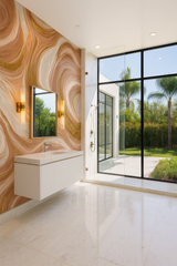 Rosé Marble Wallpaper with swirls of cream and gold, featuring a textured surface.
