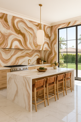 Rosé marble wallpaper with gold veining, featuring an abstract swirl pattern.
