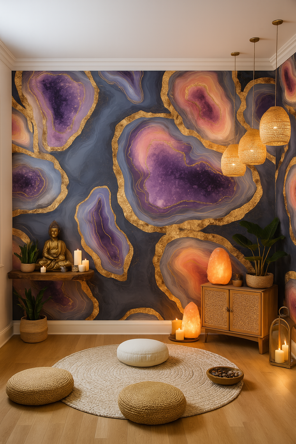 Violet geode wallpaper featuring gold accents and agate-inspired patterns.
