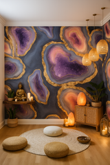 Violet geode wallpaper featuring gold accents and agate-inspired patterns.
