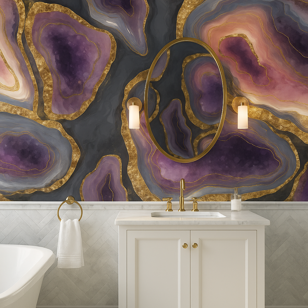 Violet geode wallpaper with gold accents featuring mineral-inspired agate patterns.
