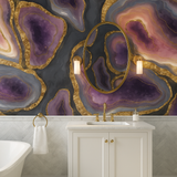 Violet geode wallpaper with gold accents featuring mineral-inspired agate patterns.

